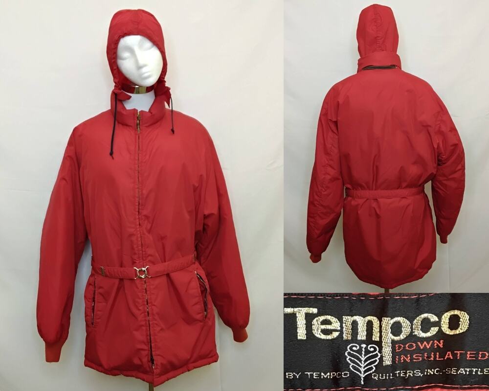 Tempco Down Puffer Jacket Women's M Long Red Belted Vintage Ski Gear #J5791